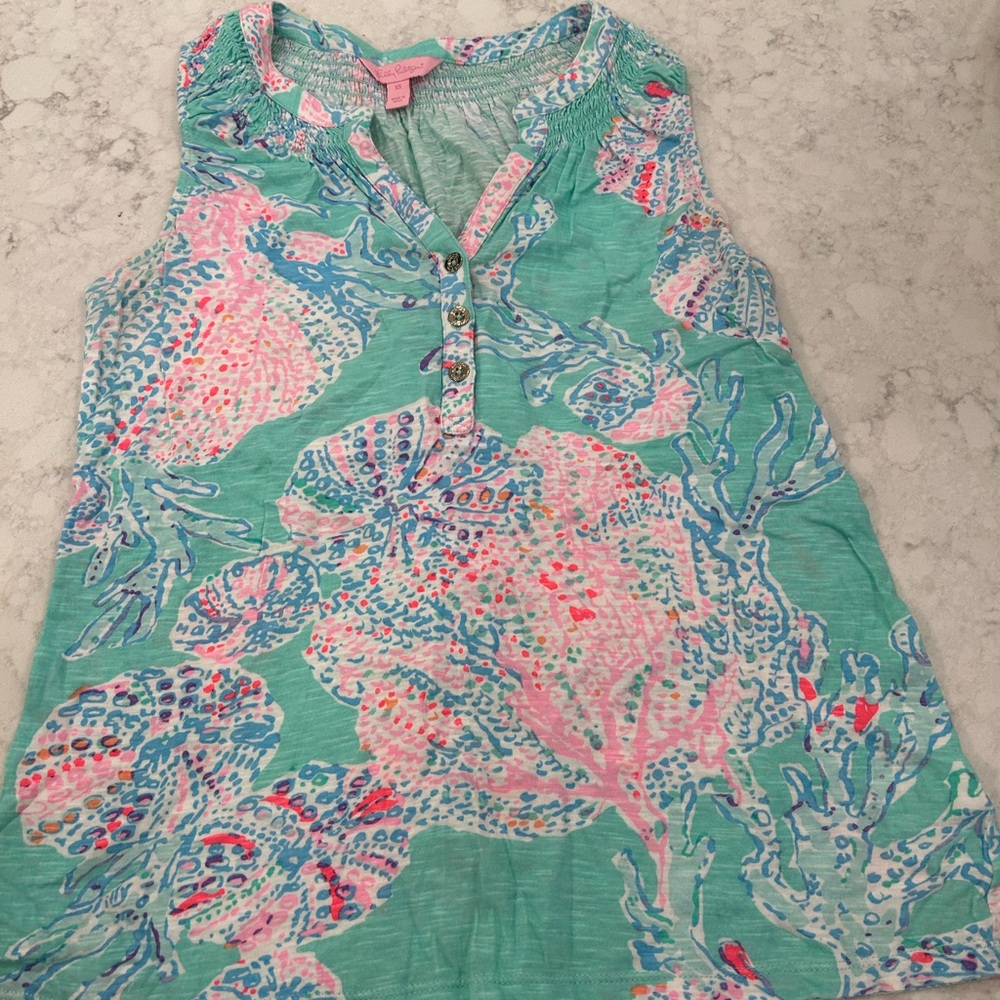 Lilly Pulitzer Aqua and Pink Floral Tank Top with Gold Buttons